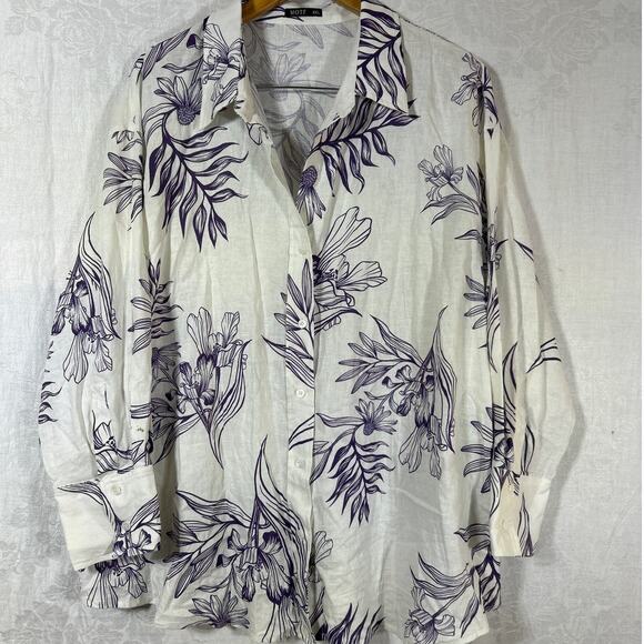 MOTF Button Up 4XL White Purple Floral Linen Blend Long Sleeve - Picture 1 of 12